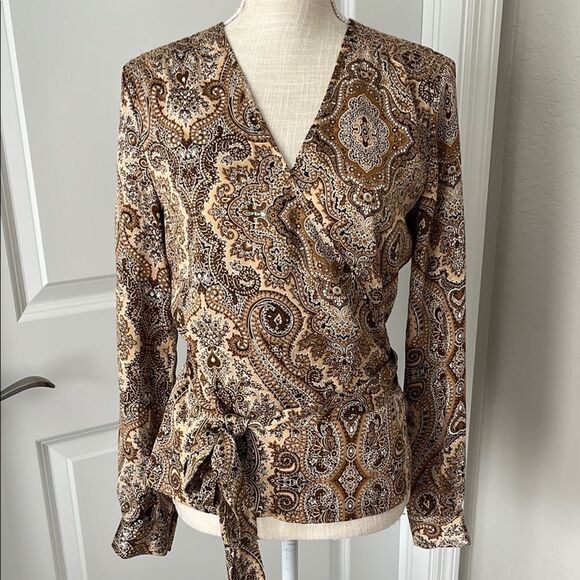 Talbots Paisley Wrap Blouse - 100 Silk Brown Cream - Picture 1 of 12
